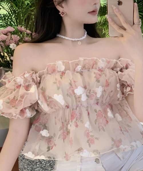 ブラウス シャツ 花柄 半袖 オフショルダー シアーブラウス レディース セール】オフショル花柄ｼｱｰﾌﾞﾗｳｽ（シャツ/ブラウス）｜GEMEDA