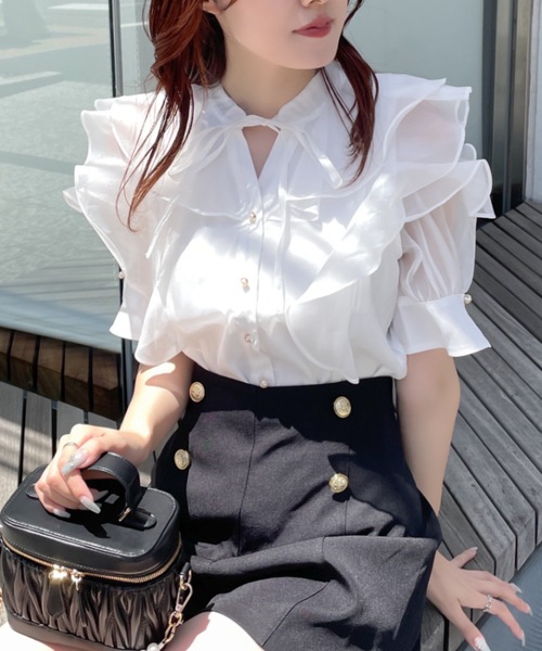 abc une face（アーベーセーアンフェイス）の「オープンショルダーフリルカラーシアーブラウス（シャツ/ブラウス・レディース・ホワイト/ホワイト系その他/ブラック/ブルー・FREE）」の5枚目の写真