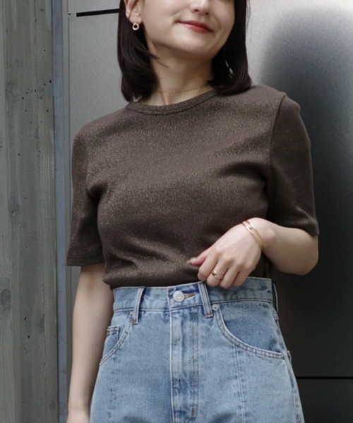 STRATA(エストラータ)の「コンパクトラメテレコトップス【低身長・小柄女性】(Tシャツ/カットソー・レディース・ネイビー/カーキ/アイボリー・ONE SIZE)」の3枚目の写真