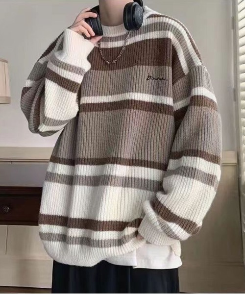 NEW GENTLEMAN(ニュージェントルマン)の「エディー アゼ マルチボーダー オーバーサイズニット(ニット/セーター・メンズ・グレー/ベージュ・M/L)」の15枚目の写真