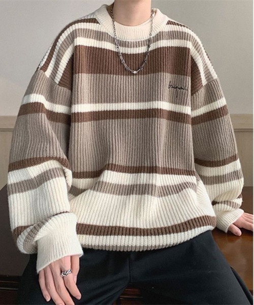 NEW GENTLEMAN(ニュージェントルマン)の「エディー アゼ マルチボーダー オーバーサイズニット(ニット/セーター・メンズ・グレー/ベージュ・M/L)」の14枚目の写真