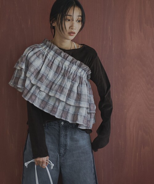 coen(コーエン)の「オンブレチェックサッカーキャミソールトップス(キャミソール・レディース・ブラウン/ダークグレー・FREE)」の1枚目の写真