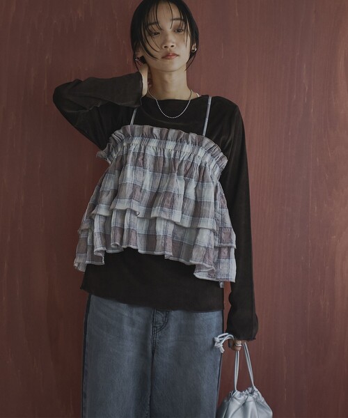 coen(コーエン)の「オンブレチェックサッカーキャミソールトップス(キャミソール・レディース・ブラウン/ダークグレー・FREE)」の3枚目の写真