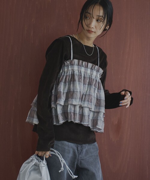 coen(コーエン)の「オンブレチェックサッカーキャミソールトップス(キャミソール・レディース・ブラウン/ダークグレー・FREE)」の9枚目の写真