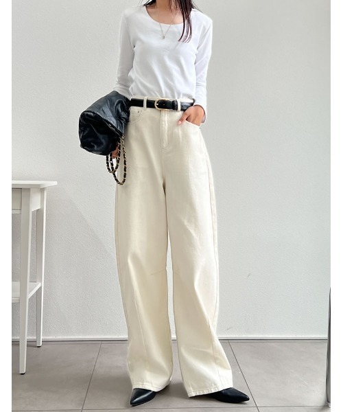 Re:EDIT（リエディ）の「[楽な穿き心地で体型カバー][2025 SUMMER COLLECTION][低身長/高身長サイズ有][全骨格細見え]ウォッシュ加工コットンツイルバレルレッグパンツ（その他パンツ・レディース・ブルー/ブラウン/ブラック/ライトピンク/ホワイト/グレー・SHORT/MEDIUM/TALL/LARGE）」の18枚目の写真