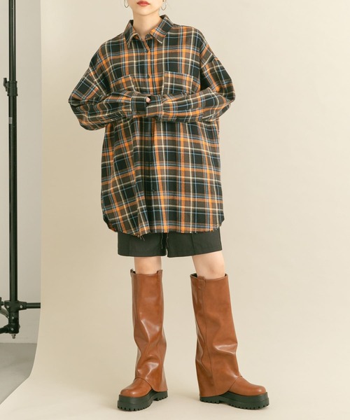 セール】カットオフルーズチェックシャツ（シャツ/ブラウス）｜KBF