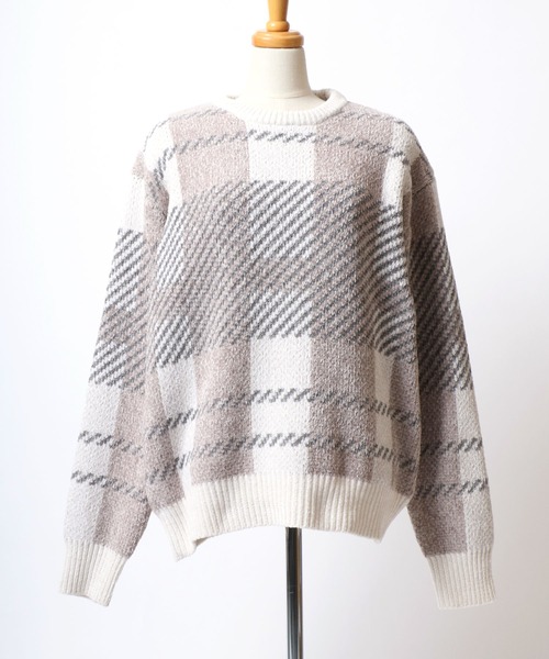Salong hameu（サロン ハミュー）の「モールニット チェック柄セーター プルオーバートップス メンズ レディース ユニセックス（ニット/セーター・レディース・グリーン系その他/ブルー系その他/ホワイト系その他/ブラック系その他・M/L/LL）」の15枚目の写真