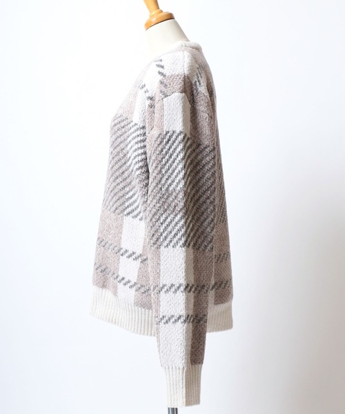 Salong hameu（サロン ハミュー）の「モールニット チェック柄セーター プルオーバートップス メンズ レディース ユニセックス（ニット/セーター・レディース・グリーン系その他/ブルー系その他/ホワイト系その他/ブラック系その他・M/L/LL）」の14枚目の写真