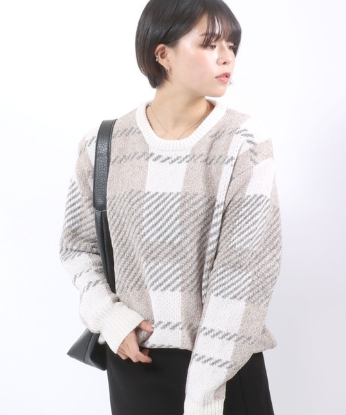 セール】モールニット チェック柄セーター プルオーバートップス