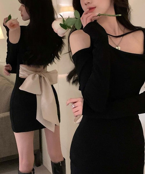 MAISON DE THERESE（メゾン ド テレーズ）の「バックオープンビッグリボン　長袖リブワンピース（ワンピース・レディース・ブラック・M/L）」の9枚目の写真