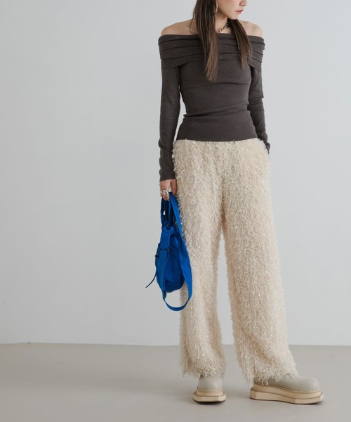 最上もが】くしゅくしゅオフショルプルオーバーニット（ニット