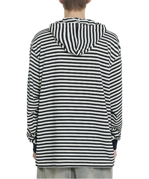 OY(オーワイ)の「『OY/オーワイ』 PATCH STRIPE HOODED L/S TEE/パッチストライプフード長袖カットソー(Tシャツ/カットソー・レディース・ブラック/ブラウン・XL/M)」の4枚目の写真