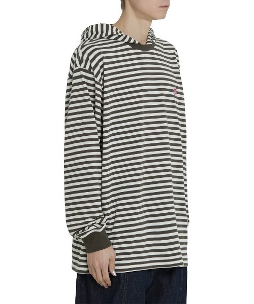OY(オーワイ)の「『OY/オーワイ』 PATCH STRIPE HOODED L/S TEE/パッチストライプフード長袖カットソー(Tシャツ/カットソー・レディース・ブラック/ブラウン・XL/M)」の7枚目の写真