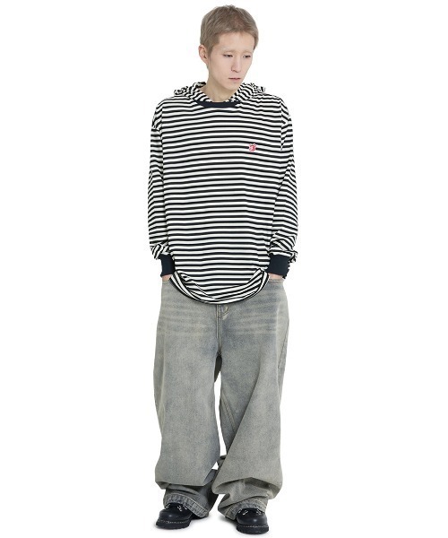 OY(オーワイ)の「『OY/オーワイ』 PATCH STRIPE HOODED L/S TEE/パッチストライプフード長袖カットソー(Tシャツ/カットソー・レディース・ブラック/ブラウン・XL/M)」の5枚目の写真