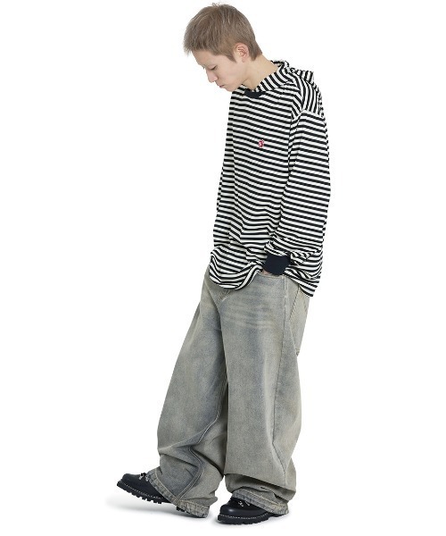 OY(オーワイ)の「『OY/オーワイ』 PATCH STRIPE HOODED L/S TEE/パッチストライプフード長袖カットソー(Tシャツ/カットソー・レディース・ブラック/ブラウン・XL/M)」の6枚目の写真