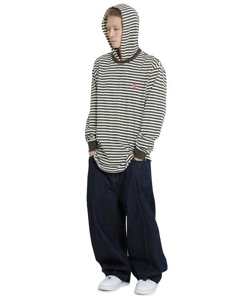 OY(オーワイ)の「『OY/オーワイ』 PATCH STRIPE HOODED L/S TEE/パッチストライプフード長袖カットソー(Tシャツ/カットソー・レディース・ブラック/ブラウン・XL/M)」の9枚目の写真