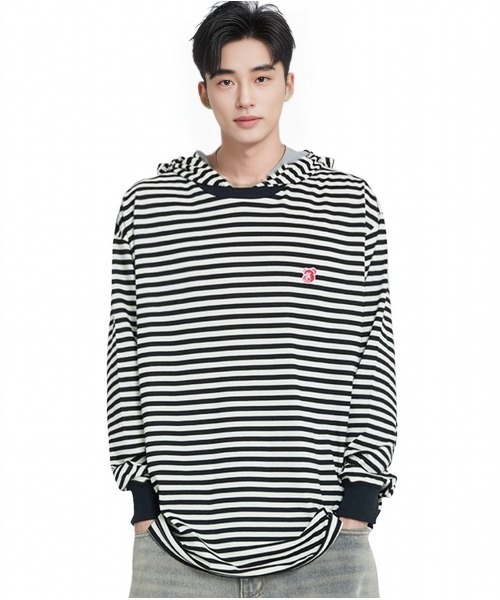 OY(オーワイ)の「『OY/オーワイ』 PATCH STRIPE HOODED L/S TEE/パッチストライプフード長袖カットソー(Tシャツ/カットソー・レディース・ブラック/ブラウン・XL/M)」の14枚目の写真