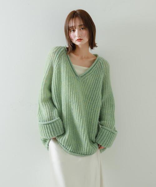 SENSE OF PLACE by URBAN RESEARCH（センスオブプレイスバイアーバンリサーチ）の「モヘアライクVネックルーズセーター（ニット/セーター・レディース・グレー/ミント/イエロー・ONE）」の9枚目の写真