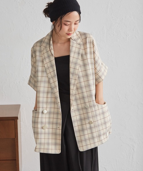 RANAN（ラナン）の「麻調ダブルボタンハーフスリーブジャケット（テーラードジャケット・レディース・ブラック/グレイッシュベージュ/ネイビー/ベージュ/グリーン系その他/ベージュ系その他・LL/L/M）」の3枚目の写真