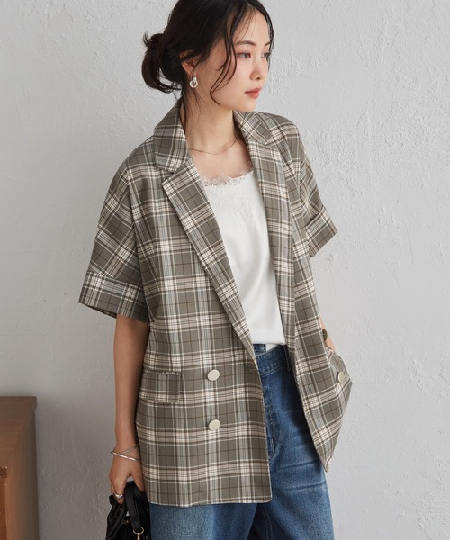 RANAN（ラナン）の「麻調ダブルボタンハーフスリーブジャケット（テーラードジャケット・レディース・ブラック/グレイッシュベージュ/ネイビー/ベージュ/グリーン系その他/ベージュ系その他・LL/L/M）」の5枚目の写真