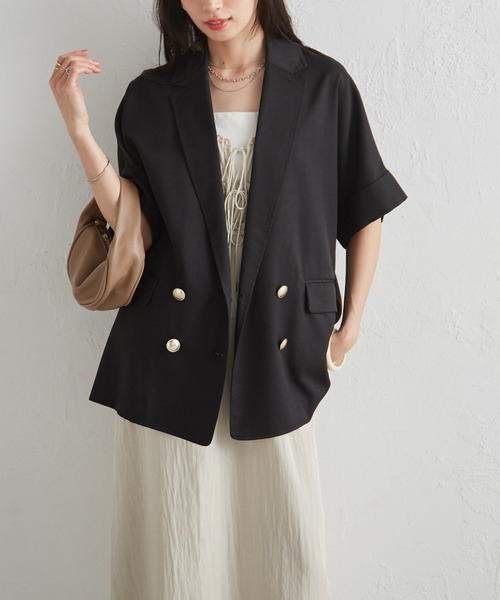 RANAN（ラナン）の「麻調ダブルボタンハーフスリーブジャケット（テーラードジャケット・レディース・ブラック/グレイッシュベージュ/ネイビー/ベージュ/グリーン系その他/ベージュ系その他・LL/L/M）」の19枚目の写真