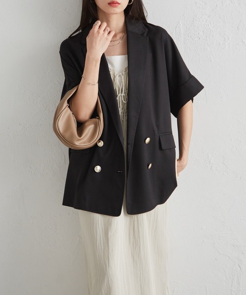 RANAN（ラナン）の「麻調ダブルボタンハーフスリーブジャケット（テーラードジャケット・レディース・ブラック/グレイッシュベージュ/ネイビー/ベージュ/グリーン系その他/ベージュ系その他・LL/L/M）」の20枚目の写真