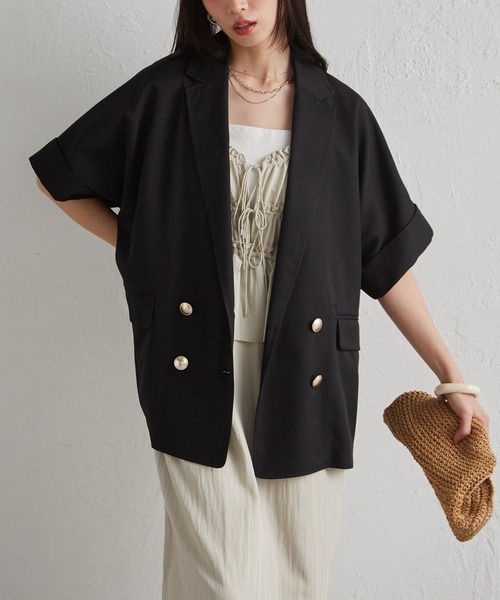 RANAN（ラナン）の「麻調ダブルボタンハーフスリーブジャケット（テーラードジャケット・レディース・ブラック/グレイッシュベージュ/ネイビー/ベージュ/グリーン系その他/ベージュ系その他・LL/L/M）」の21枚目の写真