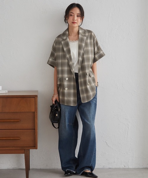 RANAN（ラナン）の「麻調ダブルボタンハーフスリーブジャケット（テーラードジャケット・レディース・ブラック/グレイッシュベージュ/ネイビー/ベージュ/グリーン系その他/ベージュ系その他・LL/L/M）」の16枚目の写真