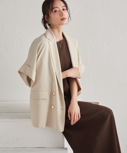 RANAN（ラナン）の「麻調ダブルボタンハーフスリーブジャケット（テーラードジャケット・レディース・ブラック/グレイッシュベージュ/ネイビー/ベージュ/グリーン系その他/ベージュ系その他・LL/L/M）」の15枚目の写真