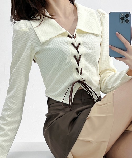 SHEPP（シープ）の「レースアップシャツロンT（Tシャツ/カットソー・レディース・ホワイト/ブラック・M/L）」の13枚目の写真
