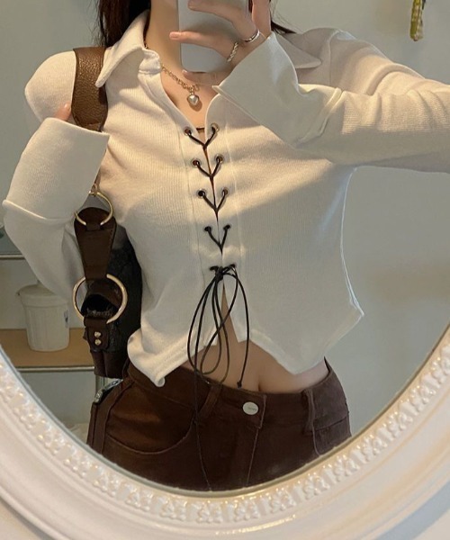 SHEPP（シープ）の「レースアップシャツロンT（Tシャツ/カットソー・レディース・ホワイト/ブラック・M/L）」の6枚目の写真