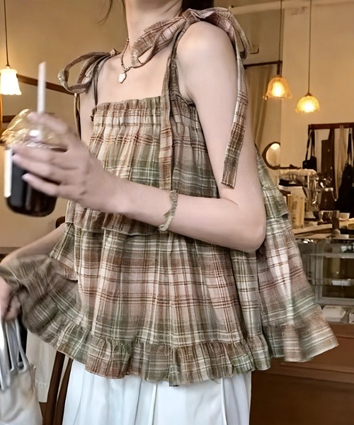 paravion(パラビオン)の「肩リボンチェックフレアキャミ(シャツ/ブラウス・レディース・ブラウン/レッド・FREE)」の2枚目の写真