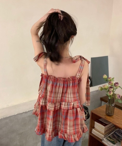 paravion(パラビオン)の「肩リボンチェックフレアキャミ(シャツ/ブラウス・レディース・ブラウン/レッド・FREE)」の5枚目の写真