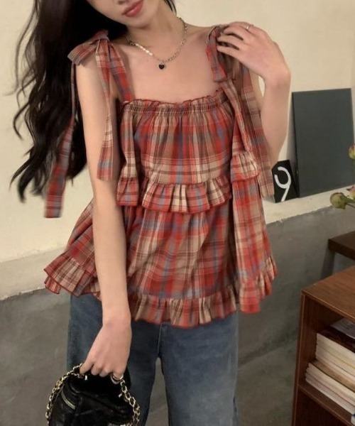 paravion(パラビオン)の「肩リボンチェックフレアキャミ(シャツ/ブラウス・レディース・ブラウン/レッド・FREE)」の4枚目の写真