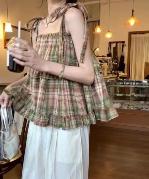 paravion(パラビオン)の「肩リボンチェックフレアキャミ(シャツ/ブラウス・レディース・ブラウン/レッド・FREE)」の7枚目の写真