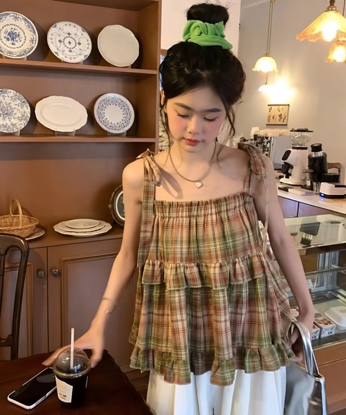 paravion(パラビオン)の「肩リボンチェックフレアキャミ(シャツ/ブラウス・レディース・ブラウン/レッド・FREE)」の14枚目の写真