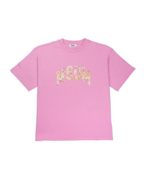 MSGM KIDS(エムエスジーエムキッズ)の「MSGM FLOWER ビジューロゴTシャツ(Tシャツ/カットソー・キッズ・ピンク/ブラック・12/14)」の1枚目の写真