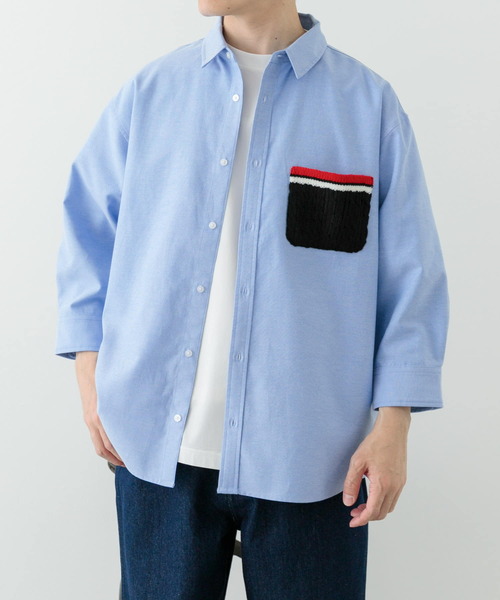 ITEMS URBANRESEARCH(アイテムズ アーバンリサーチ)の「ニットポケット切替オックス7分袖シャツ(シャツ/ブラウス・メンズ・ホワイト/ブルー/ブラック・LARGE/MEDIUM)」の1枚目の写真