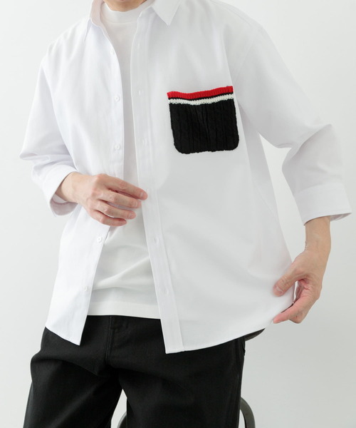 ITEMS URBANRESEARCH(アイテムズ アーバンリサーチ)の「ニットポケット切替オックス7分袖シャツ(シャツ/ブラウス・メンズ・ホワイト/ブルー/ブラック・LARGE/MEDIUM)」の6枚目の写真