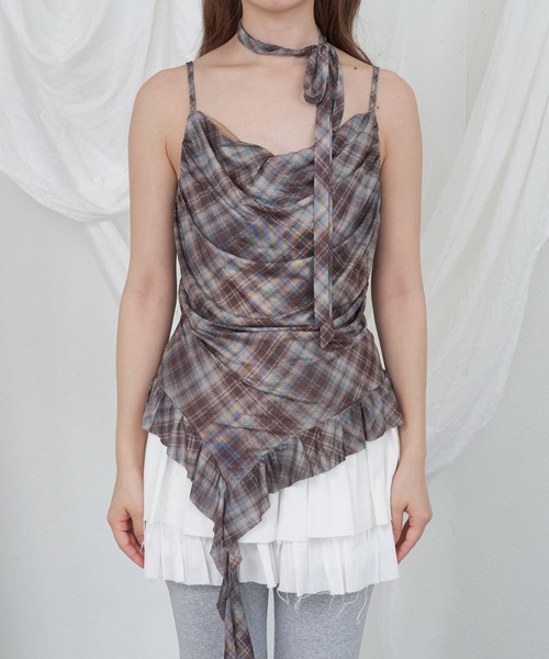RAY CASSIN（レイカズン）の「【チェック/レース】タイ付サイドフリルキャミソール（キャミソール・レディース・ホワイト/ベージュ系その他2/ミント/ブラック系その他2/ブルー系その他2・FREE）」の11枚目の写真