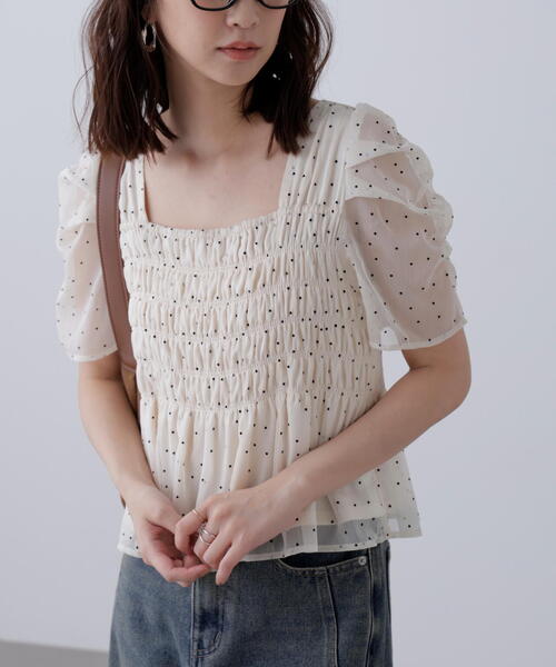 aki´s shop ‪·͜· ♡【Heve】 ♡シャーリングペプラム♡ ◇フロッキードットシャーリングペプラムブラウス（シャツ