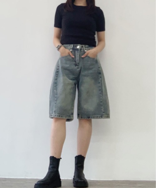 kirakiraShop(キラキラショップ)の「ウオッシュド デニム ハーフ パンツ(デニムパンツ・レディース・ブルー・S/M/L)」の5枚目の写真