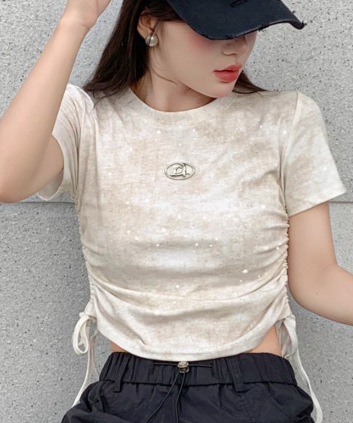 GORGE（ゴージ）の「《ラメきら×ドロスト映え》レディース 半袖Tシャツ ショート丈 体型カバー 春夏秋（Tシャツ/カットソー・レディース・オフホワイト/ベージュ/ブラック/グリーン/グレー・F）」の2枚目の写真