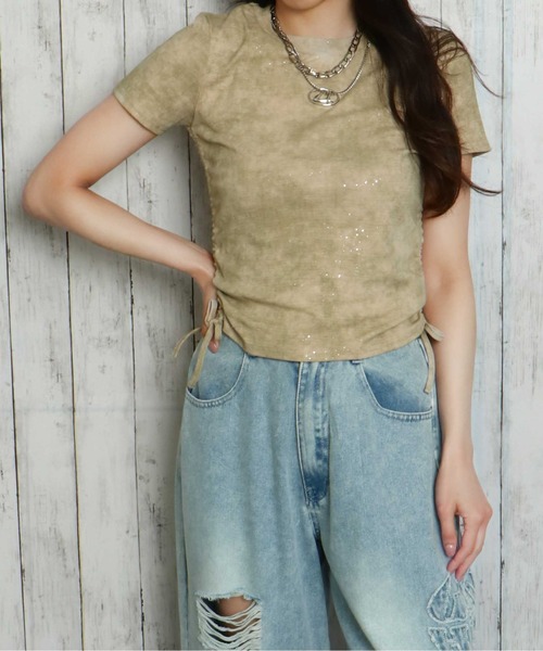 GORGE（ゴージ）の「《ラメきら×ドロスト映え》レディース 半袖Tシャツ ショート丈 体型カバー 春夏秋（Tシャツ/カットソー・レディース・オフホワイト/ベージュ/ブラック/グリーン/グレー・F）」の10枚目の写真