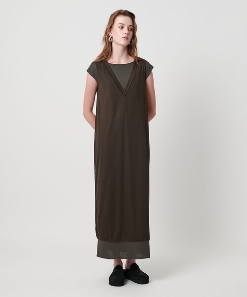 ASTRAET（アストラット）の「＜ASTRAET＞テンジクxシフォン レイヤード ワンピース（ワンピース・レディース・ブラック/ダークブラウン・FREE）」の2枚目の写真