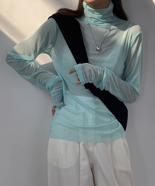 ノスタルジックパッチワークシースルートップス(ハイネックトップス) Nostalgic patchwork see-through tops (round neck) – POPPY