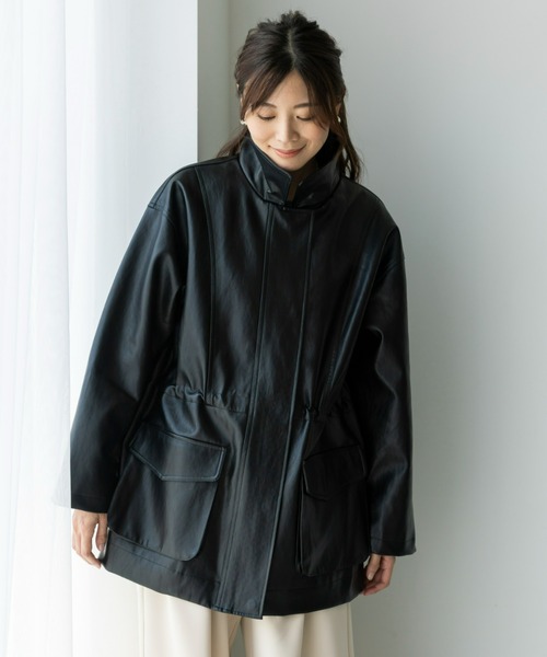 UNDOVE(アンドゥーブ)の「UNDOVE フェイクレザージャケット 【オーバーシルエット/春コート/ドロスト付/裾タブ有/アウター】(ライダースジャケット・レディース・ブラック・LARGE/X-LARGE/MEDIUM)」の7枚目の写真