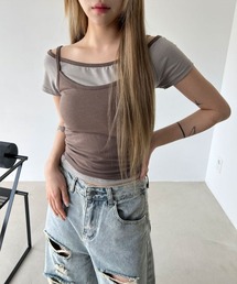 【レイヤード / SET】ボーダー ボートネック オフショルダー 配色 クロップド キャミソール 半袖 Tシャツ