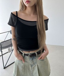 【レイヤード / SET】ボーダー ボートネック オフショルダー 配色 クロップド キャミソール 半袖 Tシャツ