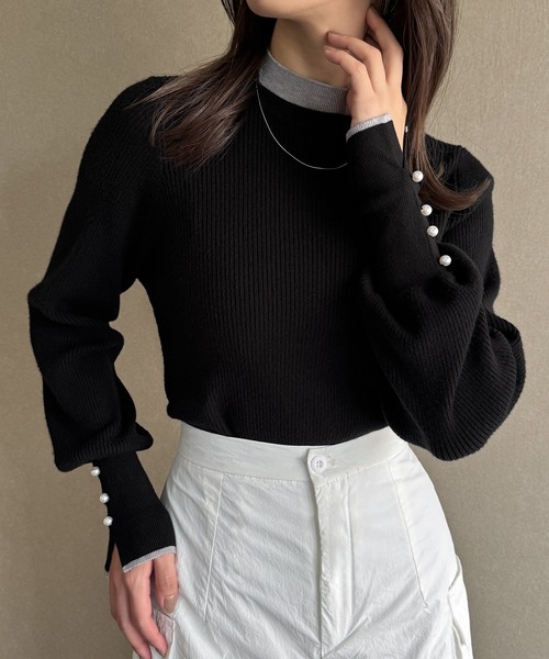 junoah(ジュノア)の「袖口デザイン配色リブニット(ニット/セーター・レディース・チャコール/ブラック/アイボリー・MEDIUM/LARGE)」の2枚目の写真